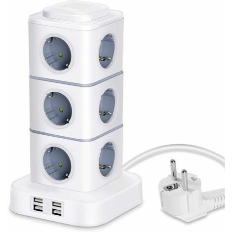 BDD Tour Multiprise, 12 Prises Multiprise Electrique (2500W / 10A) avec 4 Ports USB, Multi Prises électriques Parafoudre Multiprise Verticale pour Maison Bureau, Rallonge 3M