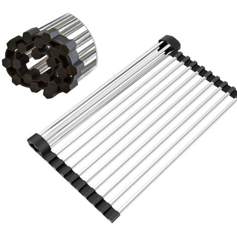 Égouttoir à vaisselle enroulable au-dessus de l'évier de cuisine Égouttoir à vaisselle portable Égouttoir à vaisselle Égouttoir à vaisselle pliable en acier inoxydable (16,9" x 11,8")
