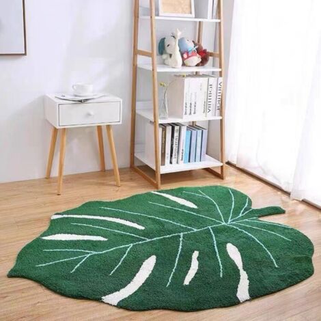Vert luxuriant, 4060CM (faux cachemire) Tapis en faux cachemire texturé à motif de feuilles de palmier, tapis antidérapant créatif et personnalisé, tapis de salon absorbant de forme unique.