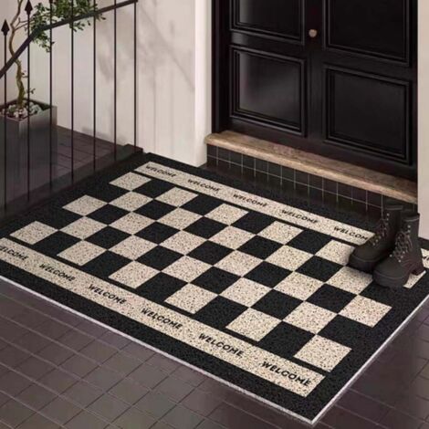 Motif à carreaux noirs et blancs, 5080cm (boucle de soie). Tapis d'entrée, tapis en soie bouclée résistant aux taches et facile à nettoyer, tapis antidérapant pour l'entrée. (1/5)