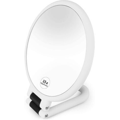 Miroir de maquillage double face, 1x miroir à main grossissant 15x avec poignée pliante à 360°, miroir de maquillage à suspendre, petit miroir de voyage portable pour filles et femmes - Blanc (1/5)