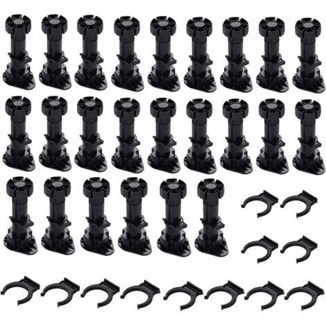 24 Pièces Pieds D'Armoire Plastique,Pied Réglable pour Meuble,Noir avec Clip Fixation Base pour Meubles de Cuisine,Armoire et Canapé(80mm-100mm) (1/5)