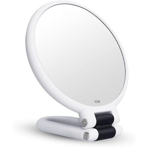 Miroir grossissant 15X double face – Verre optique haute qualité – Portable et pliable – Utilisation main, suspendu ou sur pied (1/5)