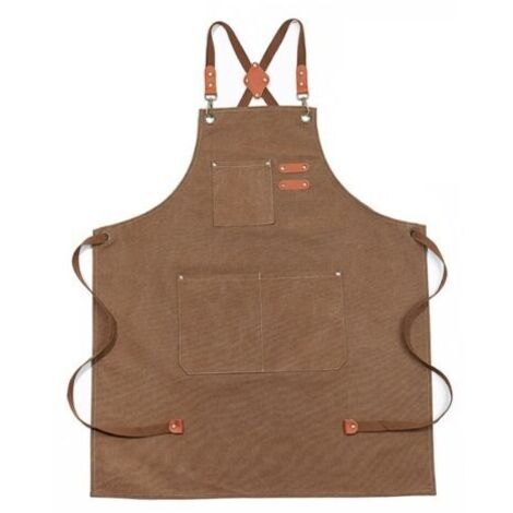 1PC Brun Tablier à brets en denim imperméable amélioré, tablier en denim réglable avec poches et brets croisées (1/5)