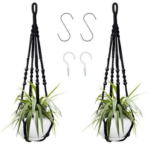 Suspension pour plantes d'intérieur en corde de coton noire, 85 cm, avec perles en bois, pour décoration intérieure, sans crochets, 2 paires
