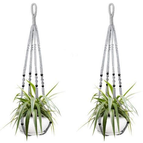 Deux paniers suspendus pour plantes d'intérieur, en corde de coton grise, de 85 cm de long, ornés de perles en bois. Crochets non inclus.