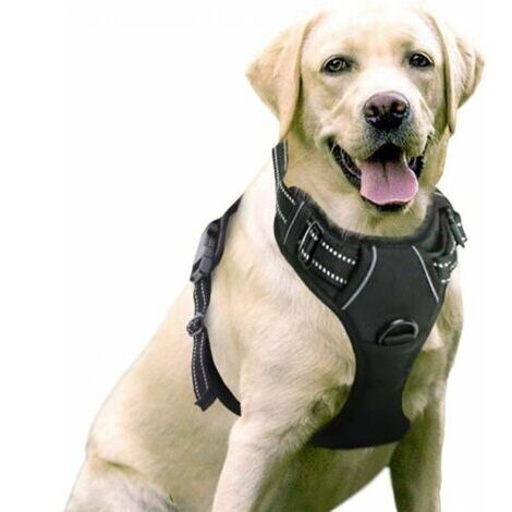 Harnais anti-traction pour chien noir – Réfléchissant – Réglable pour taille L (46-66 cm cou, 43-86 cm poitrine) – Sangle de fixation avant