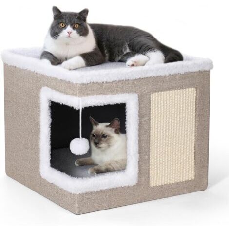 Lit d'intérieur pour chat, grand auvent pour chat avec griffoir, lit grotte pliable et cube cachette avec coussins double face, adorable condo pour chat (1/4)