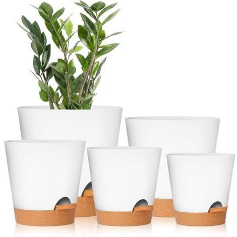 Ensemble de 5 pots de fleurs blancs à arrosage automatique de 7/6,5/6/5,5/5 pouces avec trous de drainage, pots de fleurs en plastique, adaptés à toutes les plantes d'intérieur (1/5)