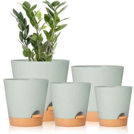 Ensemble de 5 pots de fleurs verts à arrosage automatique de 7/6,5/6/5,5/5 pouces avec trous de drainage, pots de fleurs en plastique, pots de plantation adaptés à toutes les plantes d'intérieur (1/5)