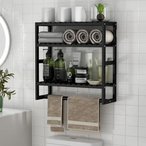 Étagère flottante murale en bambou à hauteur réglable avec porte-serviettes pour salle de bain et cuisine (noir, 1 pièce) (1/5)