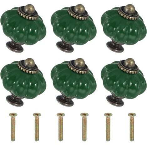 Boutons en céramique vert foncé, 3,33,33,8 cm, 6 pièces avec vis, boutons et poignées de tiroir d'armoire en céramique en forme de citrouille. (1/5)
