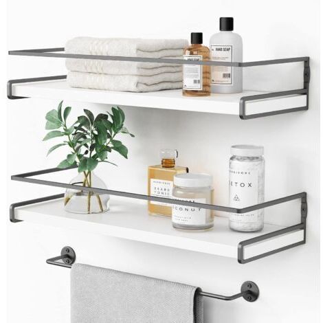 Étagères flottantes blanches avec porte-serviettes, décoration de chambre et rangement de cuisine, étagère murale d'angle (blanc-gris foncé, lot de 2) (1/5)