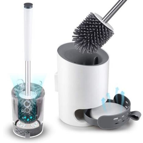 Brosse de toilette avec support mural, brosse de toilette moderne améliorée blanche, ensemble de brosse de toilette de salle de bain brosse à poils en silicone avec tapis de diatomite et pince à épile (1/5)