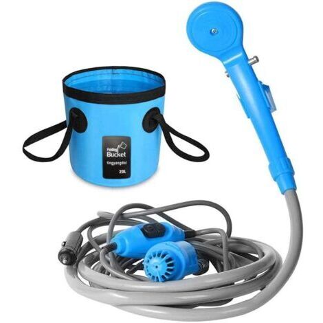 Douche portable de camping – Pompe immergée rechargeable 2200mAh – Débit constant 0,9 GPM – Seau pliable et 2 têtes de douche incluses (1/5)