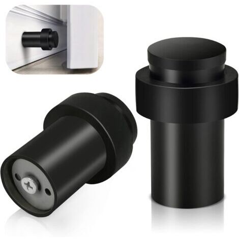 Lot de 2 butées de porte de 64 mm, butées de porte au sol noires, butées de porte robustes en acier inoxydable, protection murale pour plinthes