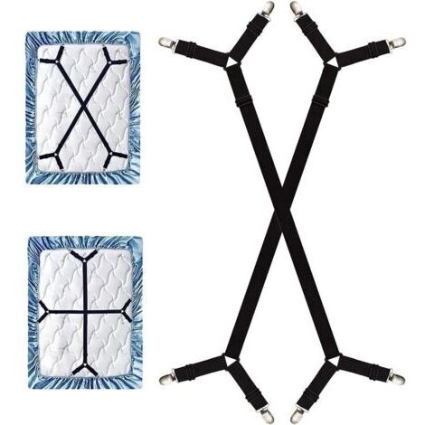 2pcs Sangles de Support de Drap de lit Longues réglables Pinces pour Drap de lit, Tendeurs réglables en Croix pour Drap-Housse, Compatibles avec Tous Les Matelas carrés - Noir (1/5)