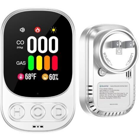 Détecteur combiné de gaz et de monoxyde de carbone 4 en 1, détecteur de température et d'humidité de gaz CO naturel, avec écran HD 2,1 pouces et indicateur, blanc (1/4)