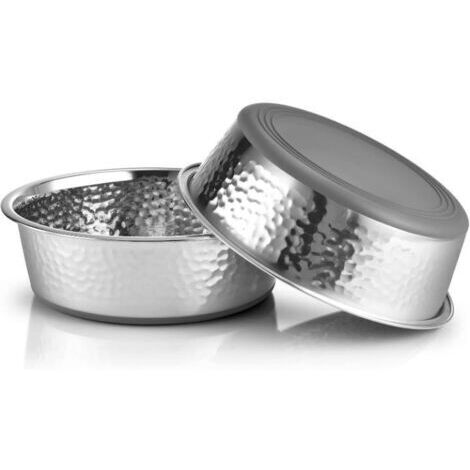 Lot de 2 gamelles pour chat en acier inoxydable martelé, avec fond en caoutchouc antidérapant, lavables au lave-vaisselle, faciles à nettoyer, fond gris (1/4)