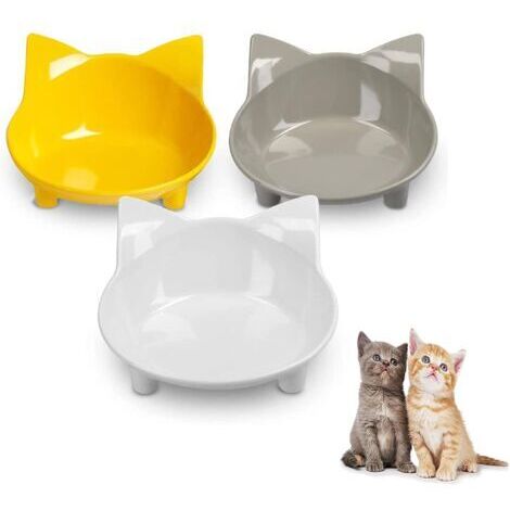 Gamelles pour Chats, Gamelle Antidérapante Multi-usages pour Animaux de Compagnie avec Caoutchouc, pour Le Soulagement de la Fatigue des Moustaches, Lot de 3 - Gris, Blanc et Jaune (1/5)