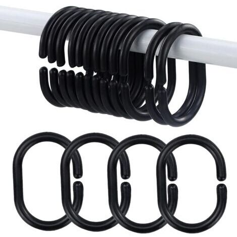 Ensemble de 14 anneaux de rideau de douche, en forme de C, en plastique robuste, anneaux noirs pour tringle à rideau de douche (1/5)