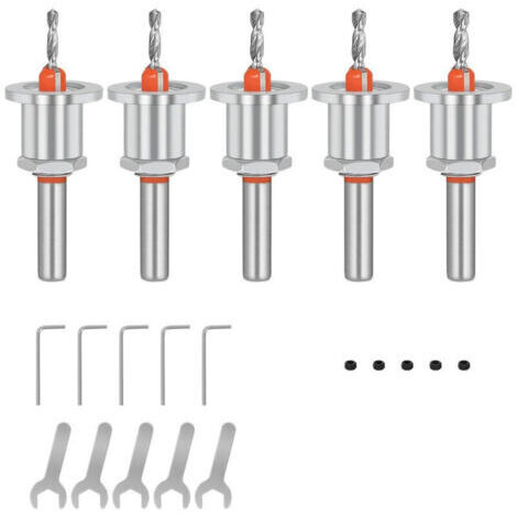 Ensemble de 5 forets à chanfreiner, foret à fraiser conique de 8 mm pour bois, clé hexagonale et vis pour percer le bois (2,8, 3,0, 3,2, 3,5, 4 mm) (1/4)