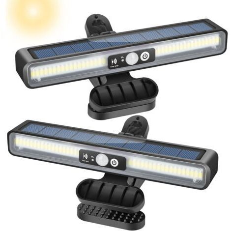 Lot de 2 lampes solaires à pince avec détecteur de mouvement, 36 LED, applique murale solaire, éclairage solaire extérieur pour clôture, garage, jardin (blanc) (1/4)