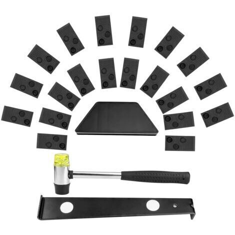 Kit d'installation de revêtement de sol stratifié, comprenant 20 cales, une barre de frappe, une barre de traction et un maillet. (1/5)