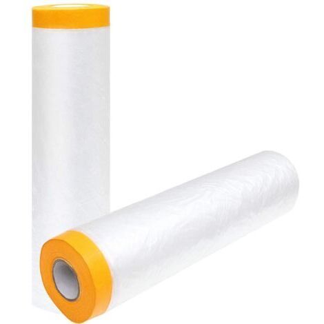Lot de 2 rouleaux de film de masquage en plastique anti-poussière, 2,4 m x 20 m, avec ruban adhésif, transparent, pré-collé, pour peinture, décoration, revêtement (1/5)