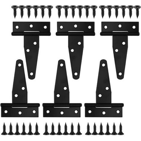 Lot de 6 charnières de porte noires en T, Charnières de porte en métal , Charnières de porte pour portes de hangar, porte de grange, porte de jardin, porte de hangar (1/5)