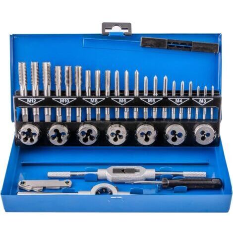 Coffret de 32 tarauds et filières métriques robustes en alliage de tungstène, avec un coffret de rangement en métal bleu. (1/5)