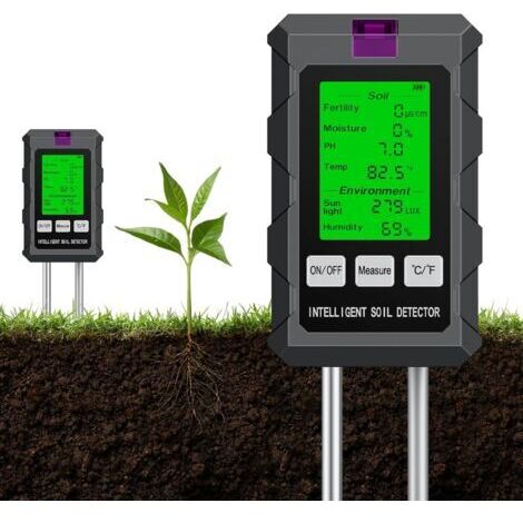 Testeur de sol 6 en 1 pour la fertilité, l'humidité, le pH, la température, l'ensoleillement et l'humidité, testeur numérique de pH du sol pour jardin, fonctionne sur piles (incluses) (1/5)