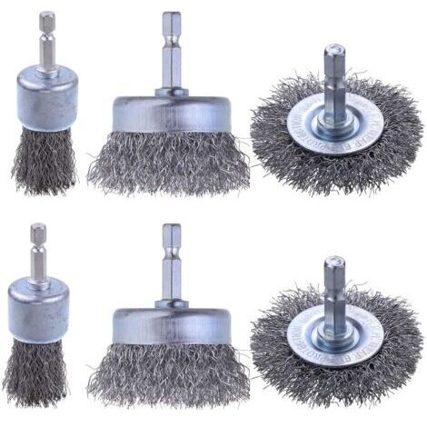 Lot de 6 brosses à fil en acier au carbone avec tige hexagonale de 6,35 mm pour éliminer la rouille, la corrosion et frotter les surfaces (1/4)