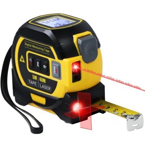 Mètre ruban laser 3 en 1 avec niveau à croix - Outil de mesure laser numérique 40 m, écran LCD autonivelant, unités po/pi/m ,Ruban de 5 m,Jaune (1/4)
