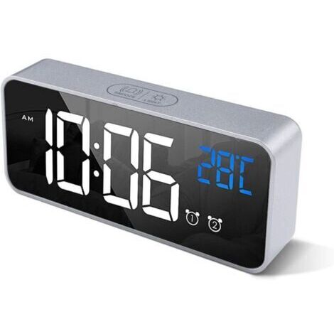 Réveil numérique avec grand affichage LED de la température, réveil miroir portable avec double alarme et luminosité réglable sur 4 niveaux (argent) (1/4)