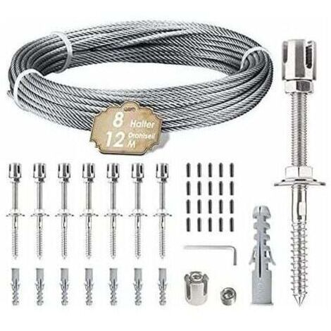 Support pour plantes grimpantes, kit de suspension de corde en acier inoxydable de 12 m avec câble en acier inoxydable de 3 mm et 8 tendeurs pour jardin/mur en béton/câble de clôture/bois massif (