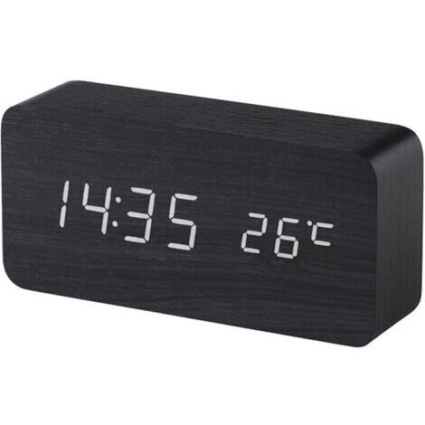 (Noir) Réveil digital en bois avec contrôle sonore par LED, alimentation double par batterie USB, horloge silencieuse en bois avec LED, décorations pour la maison (1/3)