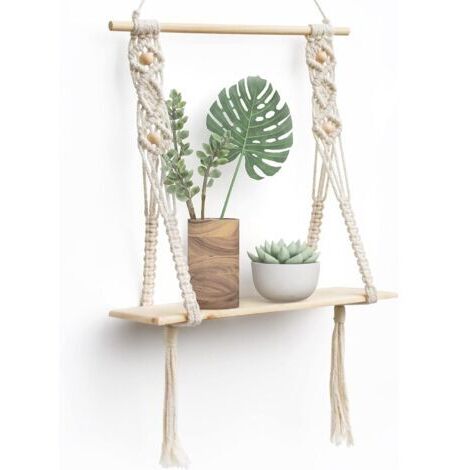 Etagere Murale Bois Macramé Boheme Deco Plantes Simple Houppe Manuel Tissé Chambre Salon WC Etagere Suspendue Corde (1/3)