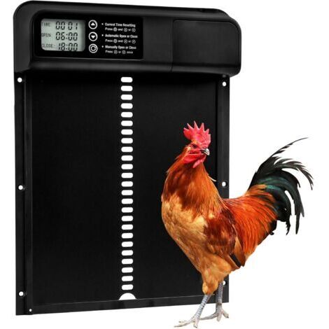 – Porte automatique pour poulailler – Minuterie programmable – Écran LED – Technologie anti-pincement – Aluminium résistant – Fonctionne à piles