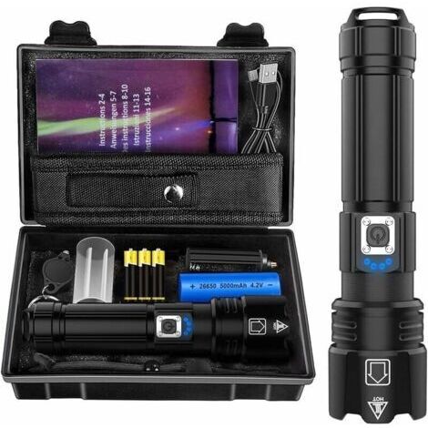Lampe Torche LED Ultra Puissante, 10000 Lumens Rechargeable, IP67 Étanche Lampe Tactique, P70 Torches 5 Modes, Zoomable, pour Camping Randonnée Urgence (Avec Batterie) [Classe énergétique A+++]