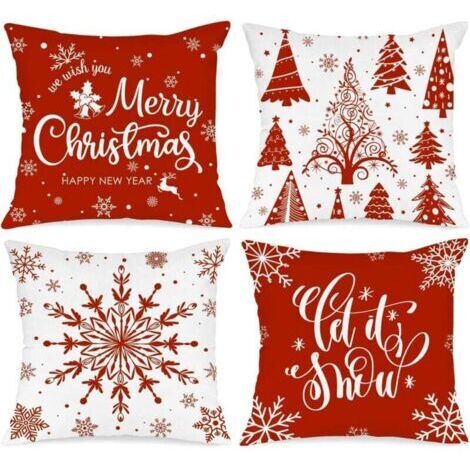 Lot de 4 housses de coussin Père Noël 45 x 45 cm, motif flocons de neige et joyeux Noël, idéales pour décorer votre lit, votre canapé ou votre salon (rouge)