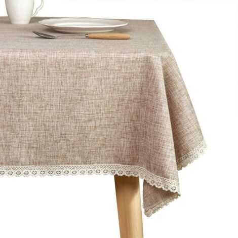 Nappe lavable en toile de jute de campagne, épaisse marron, 140x180 cm, nappe rectangulaire recouverte de bord en dentelle, adaptée à la décoration de la cuisine