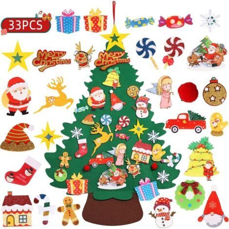 Décorations de Noël, Sapin de Noël en feutrine, Sapin de Noël plat en feutrine de 100 cm à monter soi-même, avec 42 décorations. (1/5)