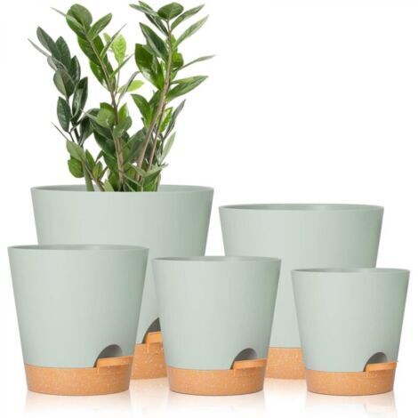 Ensemble de 5 pots de fleurs verts à arrosage automatique de 7/6,5/6/5,5/5 pouces avec trous de drainage, pots de fleurs en plastique, pots de plantation adaptés à toutes les plantes d'intérieur (1/5)