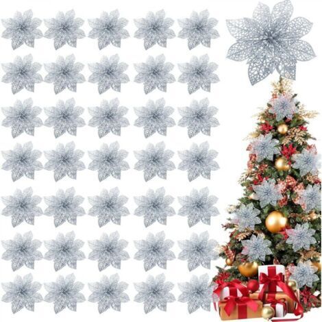 Lot de 36 poinsettias scintillants pour décorations de Noël, fleurs artificielles en soie de 10 cm pour couronnes de Noël et décorations de fêtes (argent royal) (1/5)