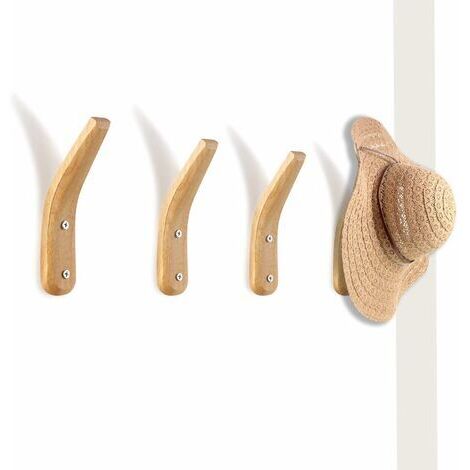 Patères en bois d'hévéa mural – Support en bois naturel – Fixation simple – Conception en V pour manteaux, chapeaux, sacs – Lot de 4 pièces – Bares (1/5)