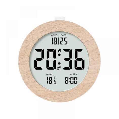 rond Réveil numérique en bois, réveil matinal, horloge numérique LCD avec affichage de la date, de la température, de la répétition, du rétroéclairage, horloge numérique alimentée par batterie (1/5)