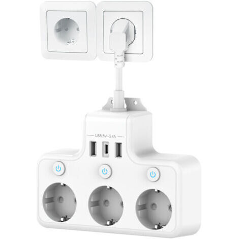 Prise Multiple avec Interrupteur Individuel, Multiprise avec USB C 3 Prises et 3 USB Chargeurs, Multiprise électrique Murale Adaptateur Prise USB Multiple Câble Court 0,1M pour Cuisine,Bureau,blanc