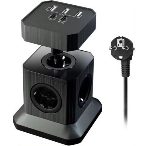 Tour Multiprise Verticale Détachable à 5 Prises (2500W/10A) avec 3 Ports USB-A (5V/2.4A)+2USB-C(18W Charge Rapide)