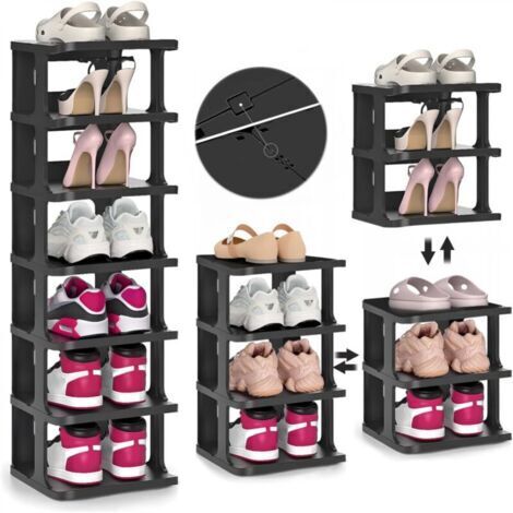 Étagère à chaussures, étagère à chaussures à 7 niveaux, étagère à chaussures noire, gain de place, organiseur de chaussures vertical, étagère de rangement (1/5)